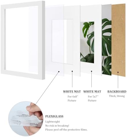Egofine A4 Picture Frames Set of 4, Made of Solid Wood Covered by Plexiglass 5x7 and 6x8 with Mat or A4 whitout Mat, for Table Top Display and Wall Mounting Photo Frame White - Image 4