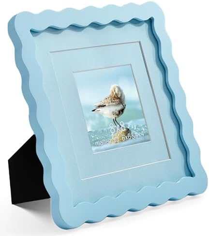 8x8 Blue Picture Frame with Mat for 6x6/4x4, Curved Wavy Edge Deco Wooden Real Glass, Vertical or Horizontal Display Photo Gallery Wall & Tabletop Frame by Gdfmsc