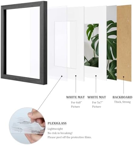 Egofine A4 Picture Frames Set of 4, Made of Solid Wood Covered by Plexiglass 5x7 and 6x8 with Mat or A4 without Mat, for Table Top Display and Wall Mounting Photo Frame Rustic Black - Image 4