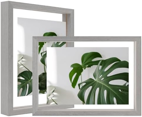 Egofine 6x8 Floating Frames Set of 2, Double Plexiglass Picture Frame, Made of Solid Wood Display Any Size Photo up to 6x8, Wall Mount or Tabletop Standing, Light Grey by Egofine