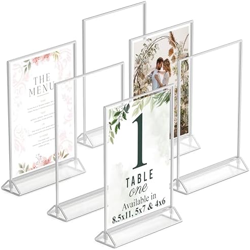 Silver Picture Frames Double-Sided, 6-Pack 5x7 Acrylic Table Number Holders, Clear Easel Stands for Signs, Silver Frames for Wedding Table Numbers, Menu Holders, Photo Displays for Events and Décor by DasherProducts