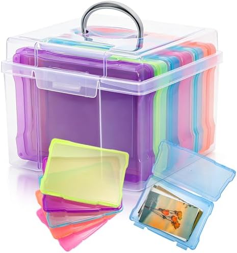 Yesland 5x7 Inch Photo Storage Box with Handle, 6 Inner Photo Cases Keeper, Plastic Organizer, Craft Storage Container for Greeting Cards Pictures Stamps Scrapbooking Office Supplies, 6 Colors by Yesland