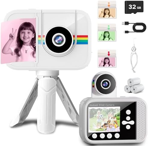Kids Camera Instant Print,Kids Digital Camera with 3 Color Print Paper,32GB & Mini Tripod,48MP & 1080P Video Christmas Birthday Gifts for Girls and Boys Age 3-12 (White) by GUEDIEO