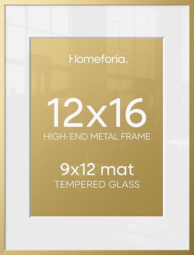 Homeforia 12x16 Gold Picture Frame, High-End Metal, 9x12 Mat, Glass by Homeforia