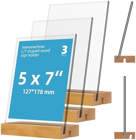 newnewshow 5"x7" Acrylic Sign Holder with Wood Base Wood Sign Holder Vertical or Slant Back Display for Store Office Wedding (3pack) by NEWNEWSHOW