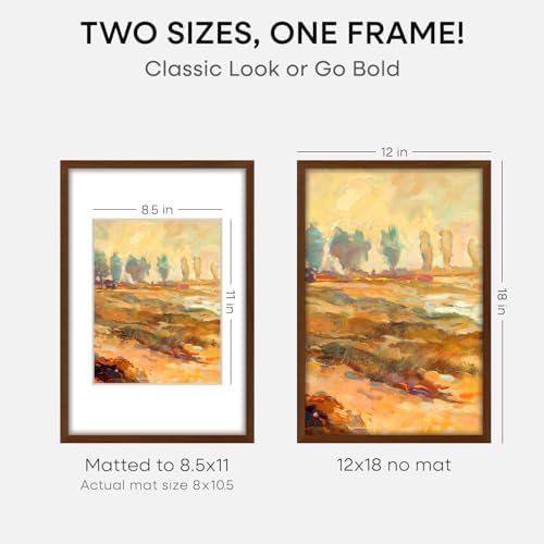 Homeforia 12x18 Brown Oak Picture Frame, High-End Wood, 8.5x11 Mat, Glass - Image 2