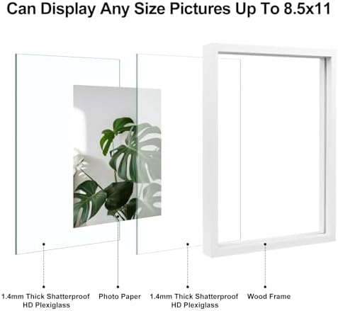 Egofine 8.5x11 Floating Frames Set of 2, Double Plexiglass Picture Frame, Made of Solid Wood Display Any Size Photo up to 8.5x11, Wall Mount or Tabletop Standing, White - Image 3