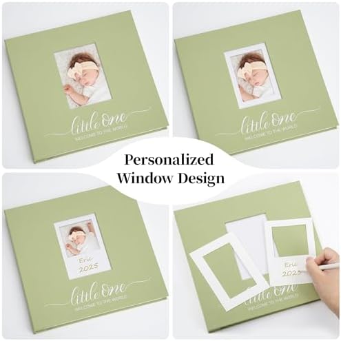 Vienrose Self Adhesive Photo Album 4x6 with Window Baby Memory Book Fabric Cover with PVC Cover Photo Sleeve & 2 Decorative Cards DIY Scrapbook for Newborn, Baby Shower 20 Sheets 40 Pages Green - Image 3