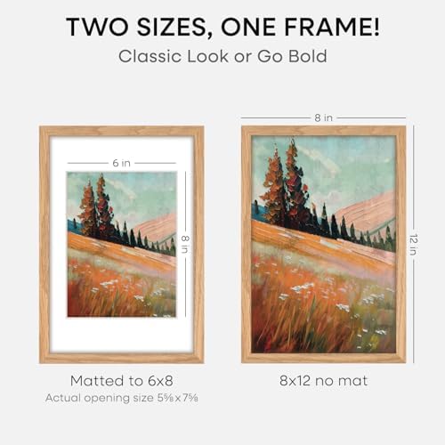 Homeforia 8x12 Natural Oak Picture Frame, High-End Wood, 6x8 Mat, Glass - Image 2