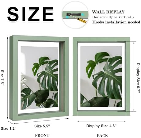 Egofine 5x7 Floating Frames Set of 2, Double Plexiglass Picture Frame, Made of Solid Wood Display Any Size Photo up to 5x7, Wall Mount or Tabletop Standing, Green - Image 2