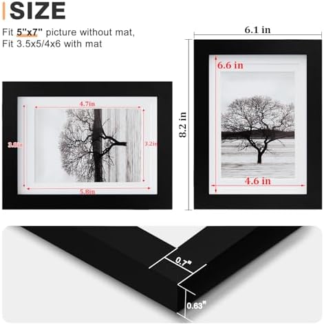 Egofine 5x7 Picture Frames Set of 4, Made of Solid Wood Covered by Plexiglass 3.5x5 and 4x6 with Mat or 5x7 without Mat, for Table Top Display and Wall Mounting Photo Frame Black - Image 3