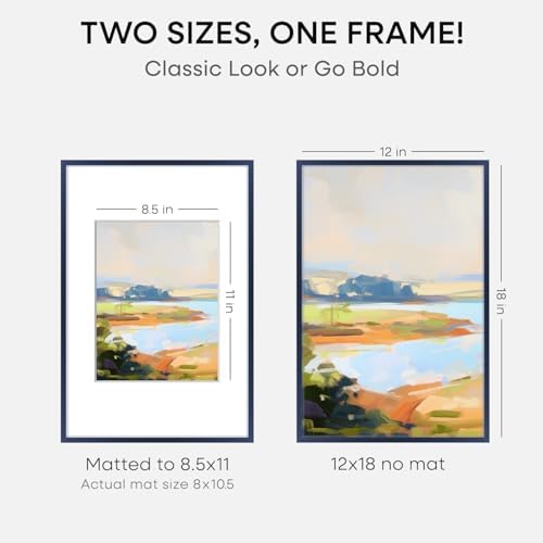Homeforia 12x18 Blue Picture Frame, High-End Metal, 8.5x11 Mat, Glass - Image 2
