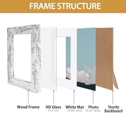 Califortree Rustic White 5x7 Picture Frame - Display Photos 4x6 with Mat or 5x7 Without Mat - Real Glass Frames for Wall and Tabletop - Set of 2 - Image 4