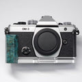 Handmade Wooden Handle Grip L Plate Alloy Base for OM System OM-3 Camera (Teal stabilized Wood + Silver Base) by CAMINSTARRY