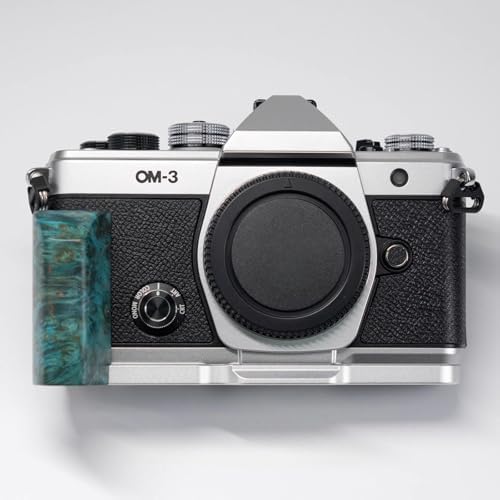 Handmade Wooden Handle Grip L Plate Alloy Base for OM System OM-3 Camera (Teal stabilized Wood + Silver Base) by CAMINSTARRY