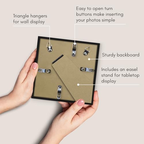 Americanflat 5x5 Picture Frame with Shatter-Resistant Glass - Set of 2 - Streamline Collection - Thin Border Square Frame for Tabletop and Wall - Hanging Hardware and Easel Stand Included - Black - Image 5
