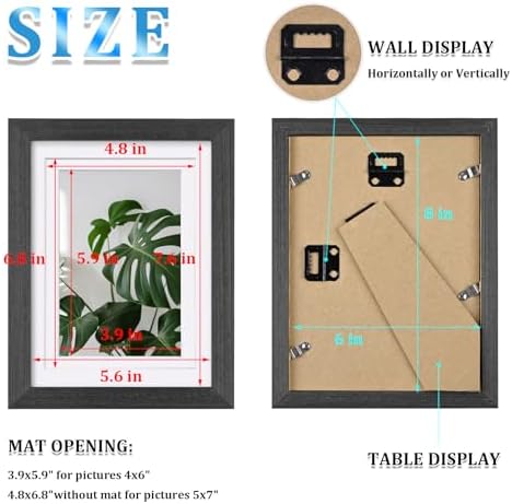 Egofine 6x8 Picture Frames Set of 4, Made of Solid Wood Covered by Plexiglass 4x6 and 5x7 with Mat or 6x8 without Mat, for Table Top Display and Wall Mounting Photo Frame Rustic Black - Image 3