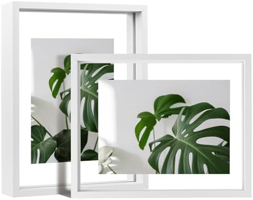 Egofine 8.5x11 Floating Frames Set of 2, Double Plexiglass Picture Frame, Made of Solid Wood Display Any Size Photo up to 8.5x11, Wall Mount or Tabletop Standing, White by Egofine