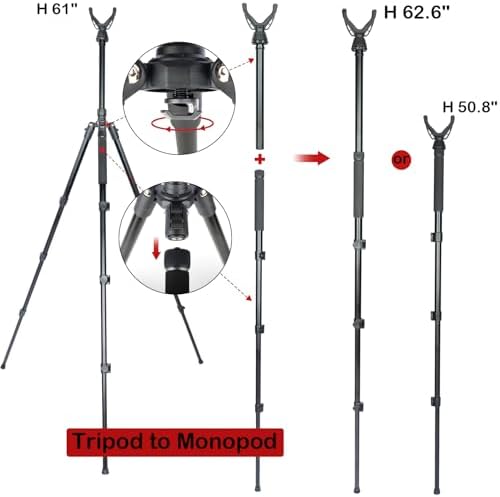 Adjustable Shooting Tripod for Rifles Shooting Stick Level-Lock 3-in-1 Tripod Monopod Bipod, 22.8″-61″ Height, Lightweight Aluminum Alloy with Carrying Bag, Stable Rifle Rest for Hunting & Outdoor - Image 2