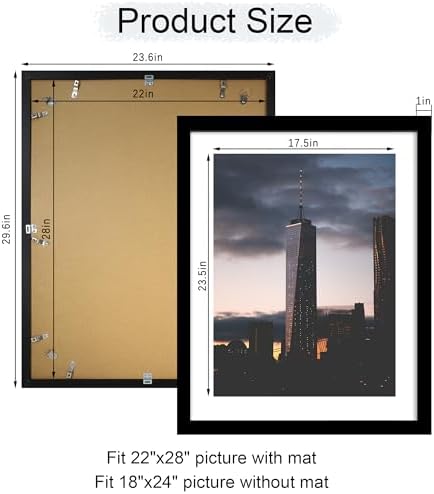 22x28 Picture Frame Set of 2, 22 x 28 Wood Poster Frames with Mat for 18x24, Wooden Photo Frames with Tempered Glass Cover for Wall Display,Black - Image 4
