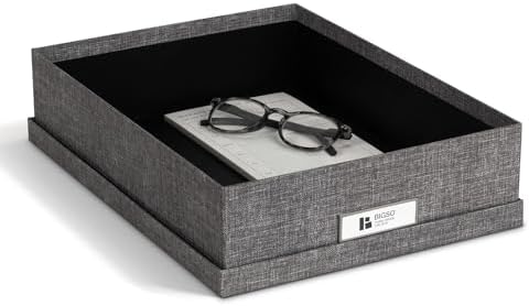 Bigso Oskar Canvas Fiberboard Document Letter Box for Important Paperwork A4 or Letter Size - Durable Keepsake Box with Lid and Metal Label Holder - 3.3in x 10.2in x 13.8in - Melange Grey - Image 4