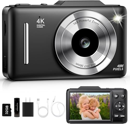 Digital Camera 4K for Kids-48MP Autofocus Vlogging Camera with 32GB Card, 16X Zoom, Anti-Shake, Compact Point and Shoot Camera for Teens Beginners, Birthday Gift Black by QUIOF