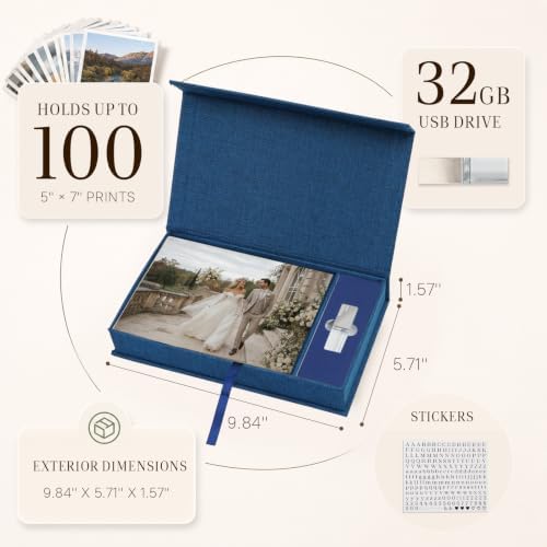 Photo Storage Box, Linen with USB Compartment - Navy, 5x7 Inch - Image 4