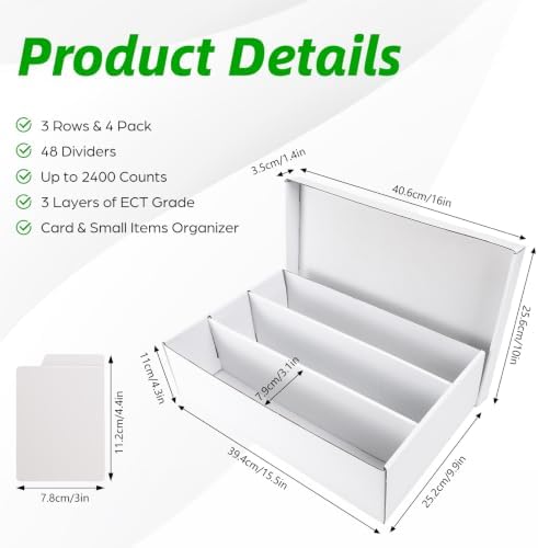 Calenzana 2400-Count Trading Cardboard Card Storage Boxes 4 Pack, 3 Row White Card Box with 48 Dividers, MTG, TCG Card Organizer - Image 2