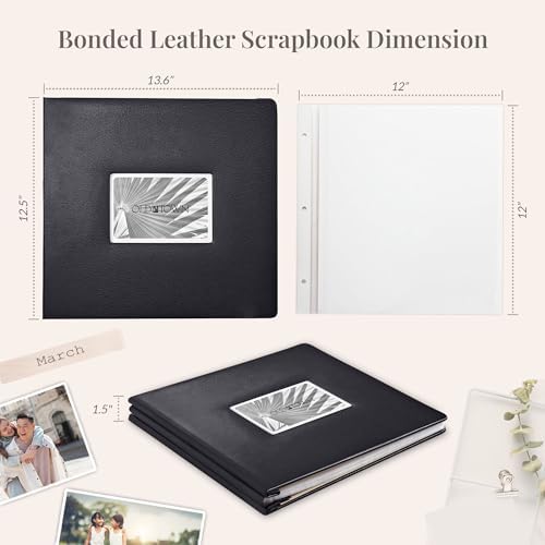 Old Town Bonded Leather Photo Album, Large Leather Scrapbook, Expandable Scrapbook Album 12x12 Double-Sided White Paper Pages and Optically Clear Pockets, Faux Suede Lining, Black - Image 5