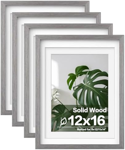 Egofine 12x16 Picture Frames Set of 4, Made of Solid Wood Covered by Plexiglass 9x12 and 11x14 with Mat or 12x16 without Mat, for Wall Mounting Photo Frame Light Grey by Egofine