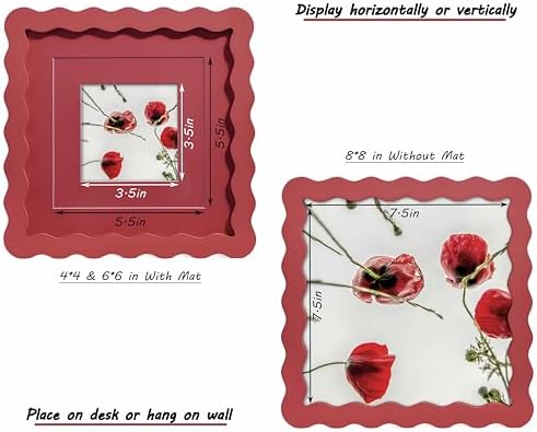 8x8 Red Picture Frame with Mat for 6x6/4x4, Curved Wavy Edge Deco Wooden Real Glass, Vertical or Horizontal Display Photo Gallery Wall & Tabletop Frame - Image 3