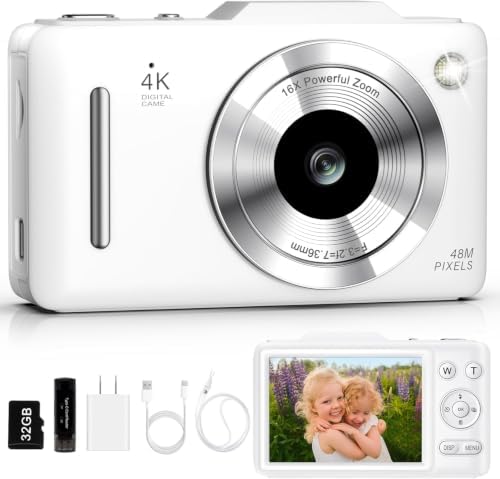 Digital Camera 4K Autofocus Vlogging Camera for Photography with 16X Zoom Anti Shake, 32GB Card, 48MP Compact Portable Point and Shoot Camera Gift for Kids Boys Girls Beginner（White） by QUIOF