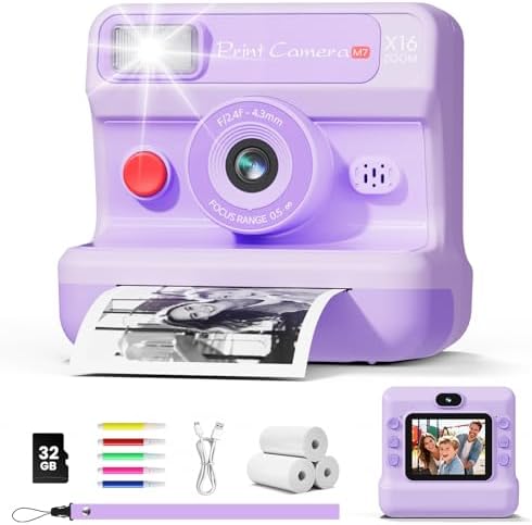 CalineGam Kids Instant Print Camera, 1080P HD Dual Lens with 32GB Card | 2.4" Screen Kids Camera with 3 Paper Rolls, 16X Zoom, Christmas Birthday Gifts for Girls and Boys Age 3-12 by Unknown