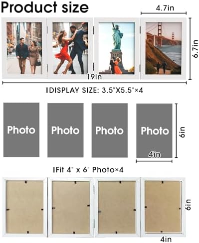 WARM&LOVE 4 Picture Frame, 4x6 Four Folding Hinged Photo Frames, Rustic Wood Desk Family Photo Collage Stand Vertical on Tabletop for Birthday Family Lover Gift (White) - Image 2