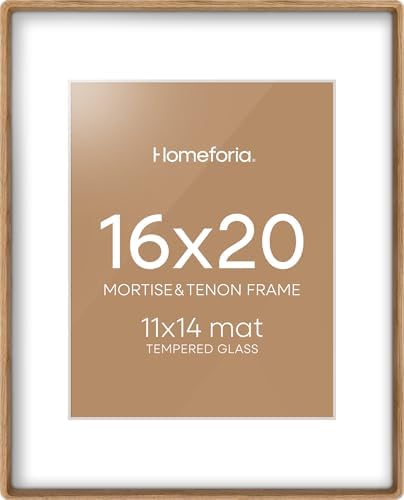 Homeforia 16x20 Mortise&Tenon Natural Oak Picture Frame, 11x14 Mat, Glass by Homeforia