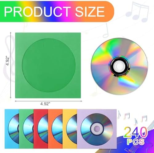 Faccito 240 Pcs Paper Cd Sleeves Colored Bulk 4.92 x 4.92 Inches DVD Sleeves Vcd Envelopes Disc Sleeves Cd Cases Movie Cases for DVD, Mutiple Colors - Image 2