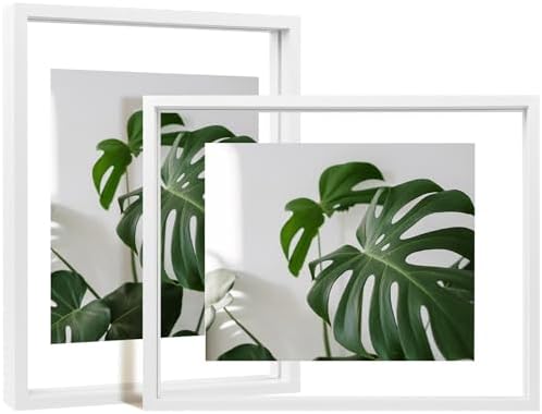 Egofine 11x14 Floating Frames Set of 2, Double Plexiglass Picture Frame, Made of Solid Wood Display Any Size Photo up to 11x14, Wall Mount or Tabletop Standing, White by Egofine