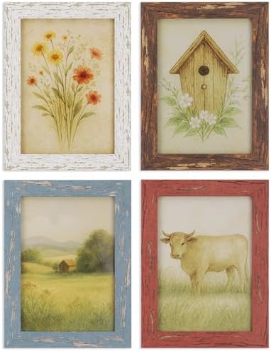 4x6 Rustic Farmhouse Picture Frames with Vintage Prints, Set of 4 by PUTHIAC