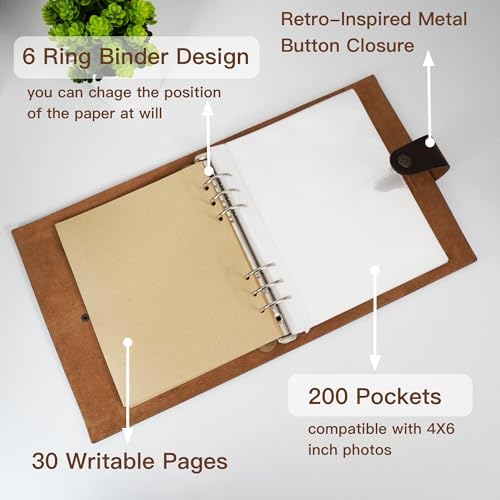 Genuine Leather Photo Album 4x6 for 200 Photos, Scrapbook with Writing Space of 30 Papers, Travel Family Wedding Kids Graduation Ultrasound Baby Picture Album, Fathers Day Gift, Brown - Image 2