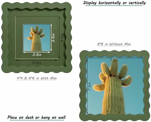 8x8 Green Picture Frame with Mat for 6x6/4x4, Curved Wavy Edge Deco Wooden Real Glass, Vertical or Horizontal Display Photo Gallery Wall & Tabletop Frame - Image 3