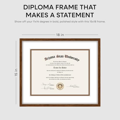 Homeforia 15x18 Brown Oak Diploma Frame, High-End Wood, 11x14 Mat, Glass - Image 2