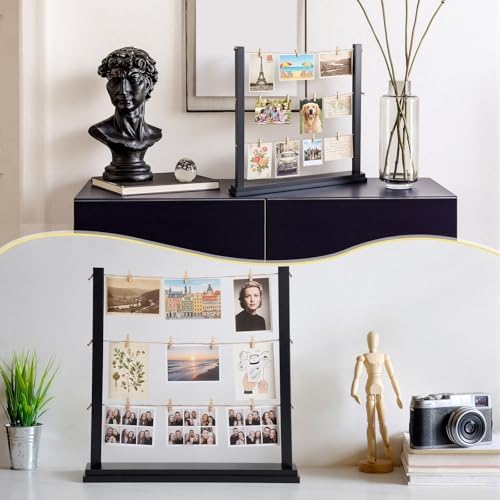 Cinnvoice Desk Photo Display Board with Clips Wooden Photo Holder for Table Picture Collage Board Tabletop Black Collage Frame Picture Postcard Display Stand Classroom Wedding Anniversary Home Decor - Image 4