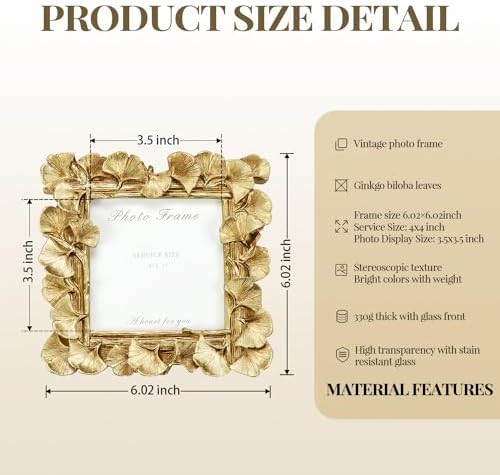 Cuspin 4x4 Picture Frame Small Gold Square Frame, Vintage Ginkgo Leaf - Image 3