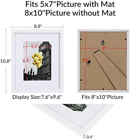 8x10 Picture Frame Set of 6, Display Pictures 5x7 with Mat or 8x10 Without Mat for Tabletop Display and Wall Mounting, White - Image 6