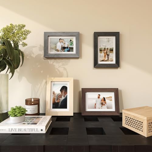 Egofine 4x6 Picture Frame Set of 4, Made of Solid Wood Multicolor Photo Frames Covered by Plexiglass 3x4.5 and 3.5x5 with Mat or 4x6 without Mat, for Table Top Display and Wall Mounting - Image 6