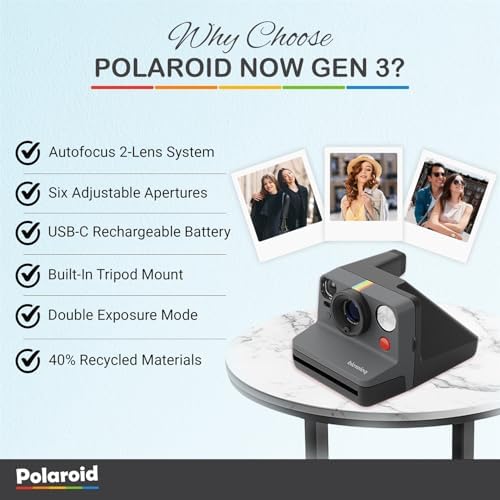 Polaroid Now Generation 3 Analog Instant Camera - Black (6584) Bundle with 3 Packs of Color i-Type Film (24 Photos Total), Wrist Strap, and Integrated Dual-Lens Autofocus System - Image 5