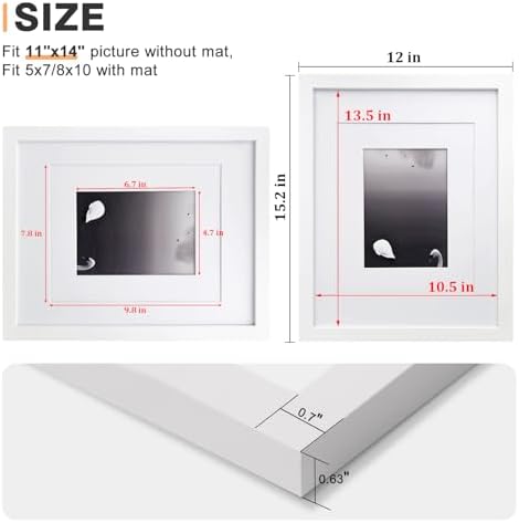 Egofine 11x14 Picture Frames Set of 4, Made of Solid Wood Covered by Plexiglass 5x7 and 8x10 with Mat or 11x14 without Mat, for Table Top Display and Wall Mounting Photo Frame White - Image 3