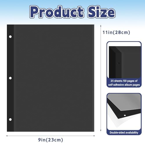 VOKOY 25 Sheets/50 Pages Photo Album Pages for 3 Ring Binder, Black Self Adhesive Scrapbooking Album Refill Pages Replacement Photo Album Sheets for 2x3 4x6 5x7 8x10 Photo or Cards, 11 x 9 Inch - Image 2