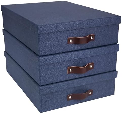 Bigso Oskar Canvas Fiberboard Document Letter Box - File Organizer Box for Important Paperwork - Document Storage with a Lid & Handle - 3.3 in x 10.2 in x 13.8 in - 3 Pack - Blue by Bigso