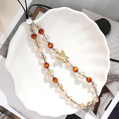 Cell Phone Charm Beaded Phone Wrist Strap Warm Tone Crystal Aesthetic Handmade Anti-Lost Chain Bracelet for iPhone Samsung All Smartphones Bag Boho Fall Wristlet Women Vintage Amber Gold Butterfly - Image 5
